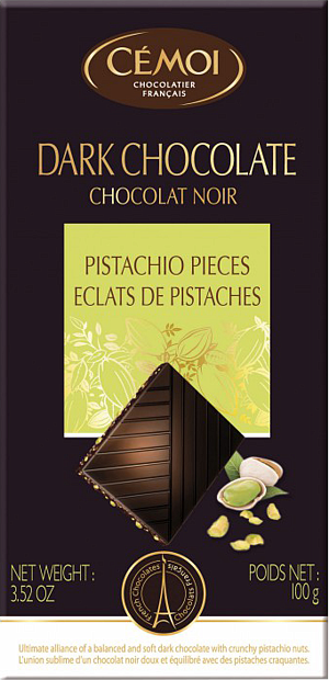 Шоколад тёмный с кусочками фисташки Pistachio Pieeces Cemoi 100г